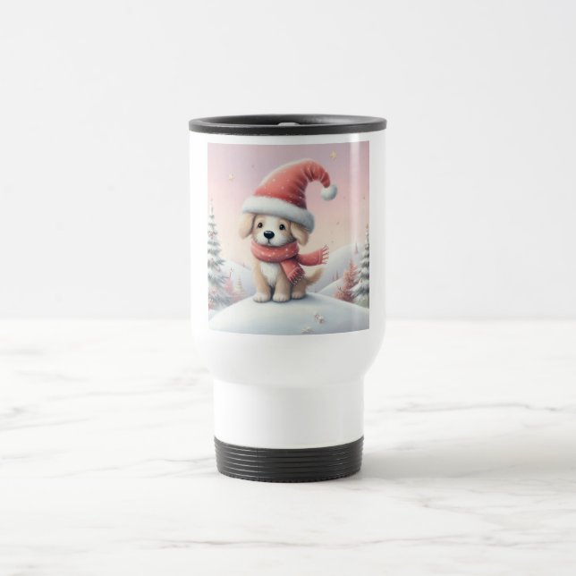 Cute Christmas puppy in santa hat Travel Mug (Center)