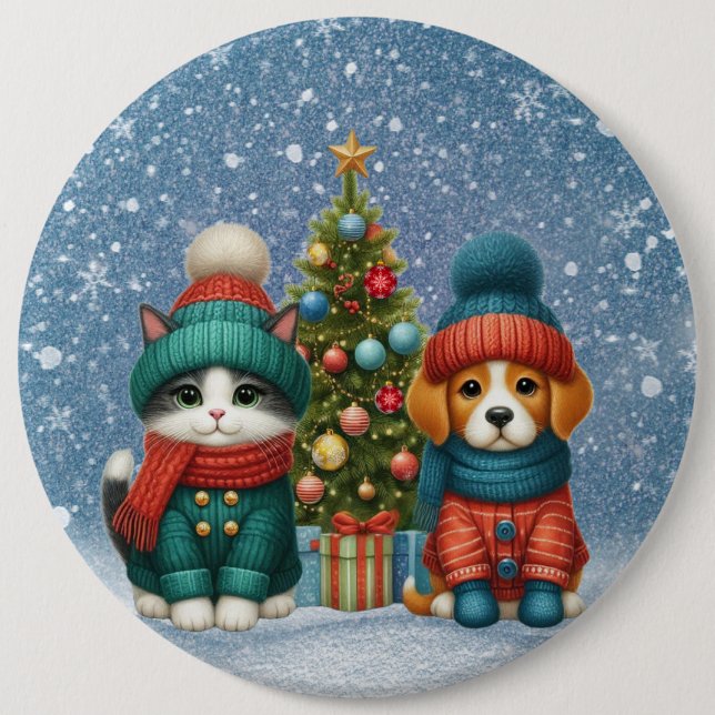 Cute Christmas puppy & kitten 6 Cm Round Badge (Front)