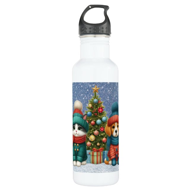 Cute Christmas puppy & kitten 710 Ml Water Bottle (Front)