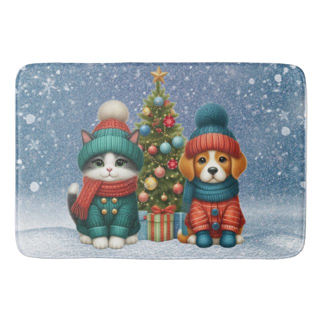 Cute Christmas puppy & kitten Bath Mat (Front)