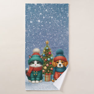 Cute Christmas puppy & kitten Bath Towel