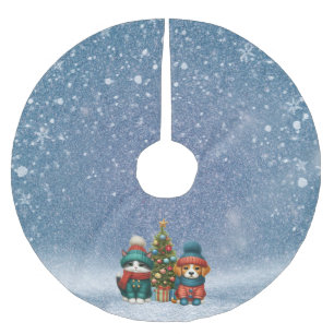 Cute Christmas puppy & kitten Brushed Polyester Tree Skirt