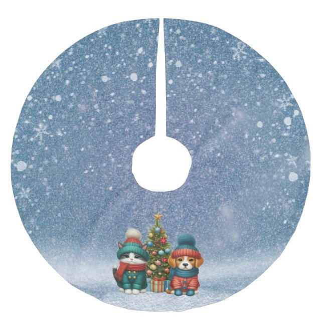 Cute Christmas puppy & kitten Brushed Polyester Tree Skirt (Front)