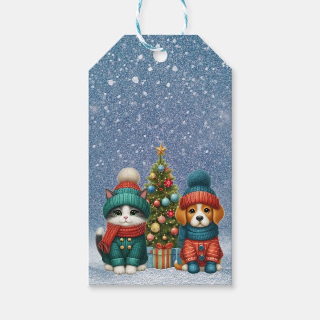 Cute Christmas puppy & kitten Gift Tags (Front)
