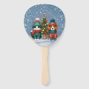 Cute Christmas puppy & kitten Hand Fan