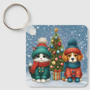 Cute Christmas puppy & kitten Key Ring