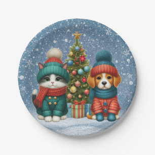 Cute Christmas puppy & kitten Paper Plate