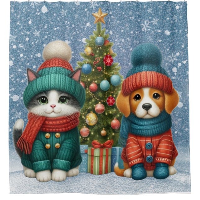 Cute Christmas puppy & kitten Shower Curtain (Front)