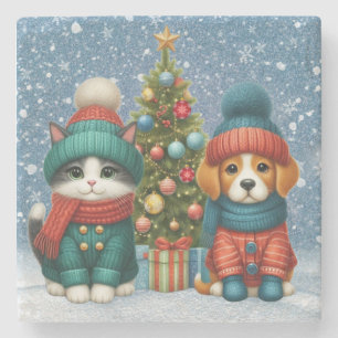 Cute Christmas puppy & kitten Stone Coaster