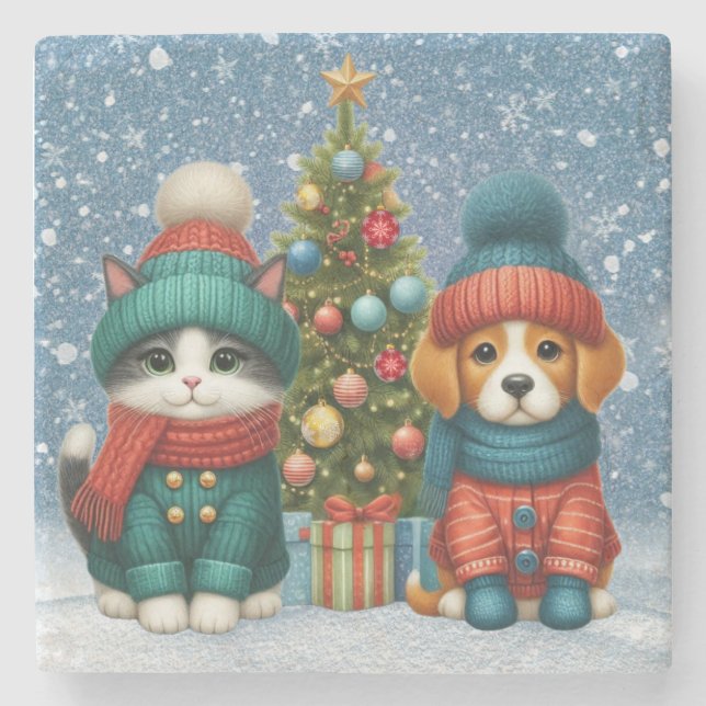 Cute Christmas puppy & kitten Stone Coaster (Front)