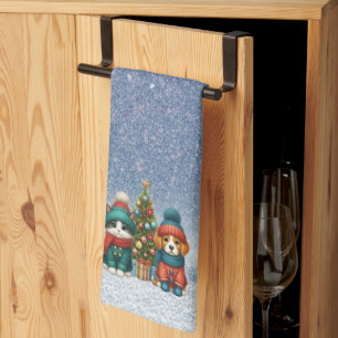 Cute Christmas puppy & kitten Tea Towel