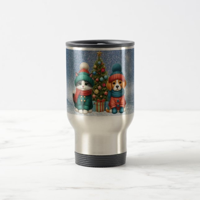 Cute Christmas puppy & kitten Travel Mug (Center)
