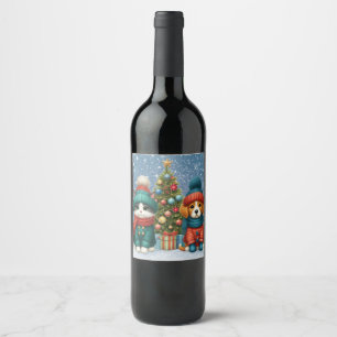 Cute Christmas puppy & kitten Wine Label