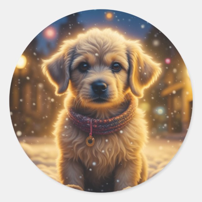 Cute Christmas Puppy on a Snowy Night Classic Round Sticker (Front)