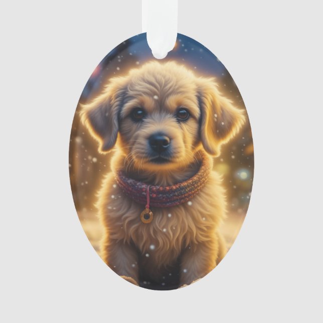 Cute Christmas Puppy on a Snowy Night Personalised Ornament (Front)