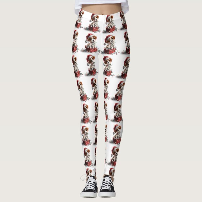 Cute Christmas Puppy on Gift Box Leggings (Front)