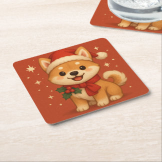 Cute Christmas puppy Square Paper Coaster