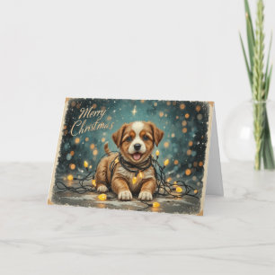Cute Christmas Puppy with Lights Adorable Holiday  Card