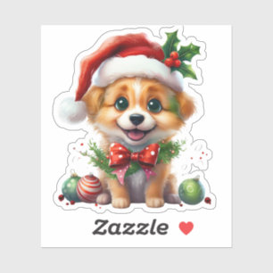 Cute Christmas Puppy with Santa Hat and Bow