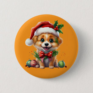 Cute Christmas Puppy with Santa Hat and Bow 6 Cm Round Badge