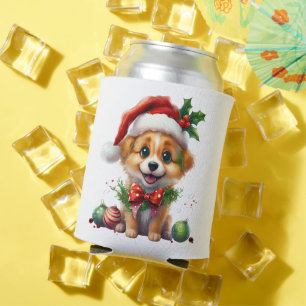Cute Christmas Puppy with Santa Hat and Bow Can Cooler