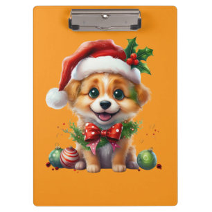 Cute Christmas Puppy with Santa Hat and Bow Clipboard