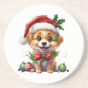 Cute Christmas Puppy with Santa Hat and Bow Coaster