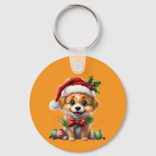 Cute Christmas Puppy with Santa Hat and Bow Key Ring