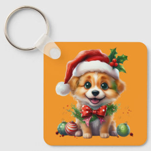 Cute Christmas Puppy with Santa Hat and Bow Key Ring