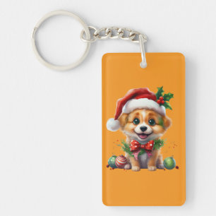 Cute Christmas Puppy with Santa Hat and Bow Key Ring
