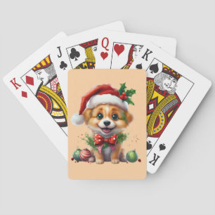 Cute Christmas Puppy with Santa Hat and Bow Playing Cards