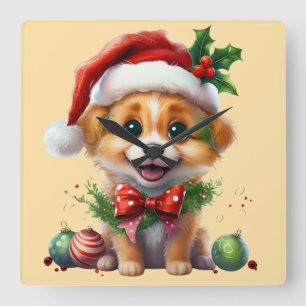 Cute Christmas Puppy with Santa Hat and Bow Square Wall Clock
