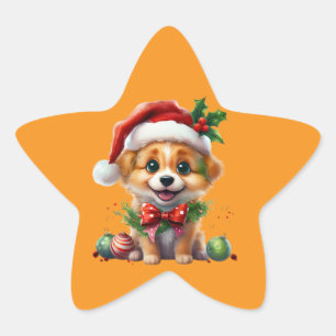 Cute Christmas Puppy with Santa Hat and Bow Star Sticker
