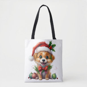 Cute Christmas Puppy with Santa Hat and Bow Tote Bag