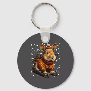 Cute Christmas Rabbit Sledding In Snow Funny Winte Key Ring