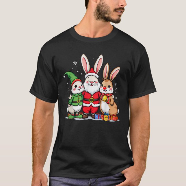 Cute Christmas Rabbits in Santa Elf and Reindeer C T-Shirt (Front)