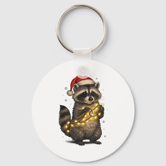 Cute Christmas Raccoon Funny Holiday Lights Animal Key Ring (Front)