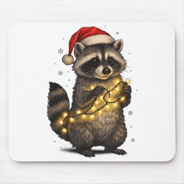 Cute Christmas Raccoon Funny Holiday Lights Animal Mouse Mat (Front)
