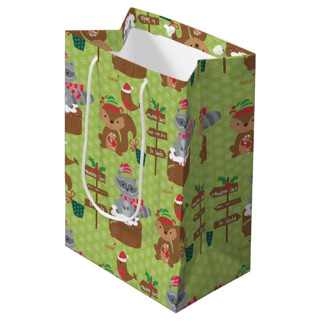 Cute Christmas Racoon and Squirrel & Snowflakes Medium Gift Bag (Front Angled)