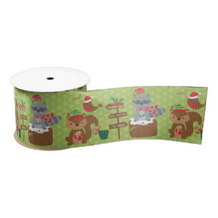 Cute Christmas Racoon and Squirrel & Snowflakes Satin Ribbon