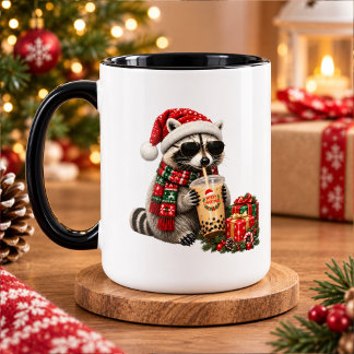 Cute Christmas Racoon with Gifts and Hot Cocoa Mug