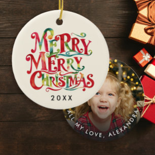 Cute Christmas Red And Green Watercolor Typo Photo Ceramic Tree Decoration