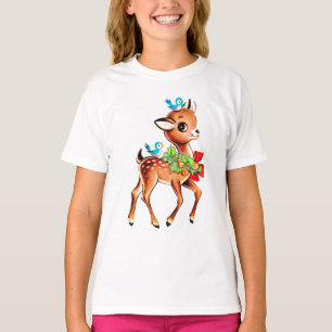 Cute Christmas Red Bow Green Holly Reindeer Kid's T-Shirt