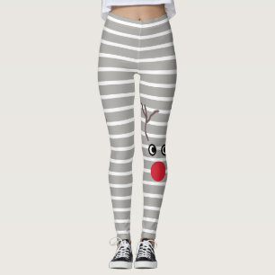 Cute Christmas Red Nose Reindeer Striped Leggings