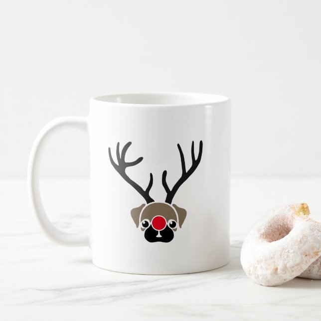 Cute Christmas Red Nose Rudolph Pug Antlers Coffee Mug (With Donut)