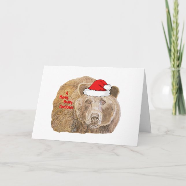 Cute Christmas Red Realistic Bear Drawing Holiday Card (Front)