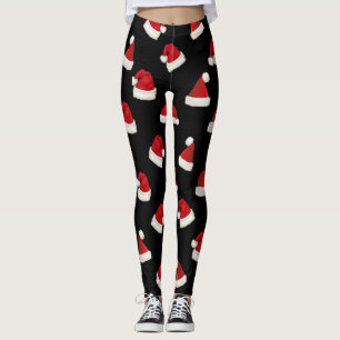 Cute Christmas Red Santa Hat Pattern on Black Leggings