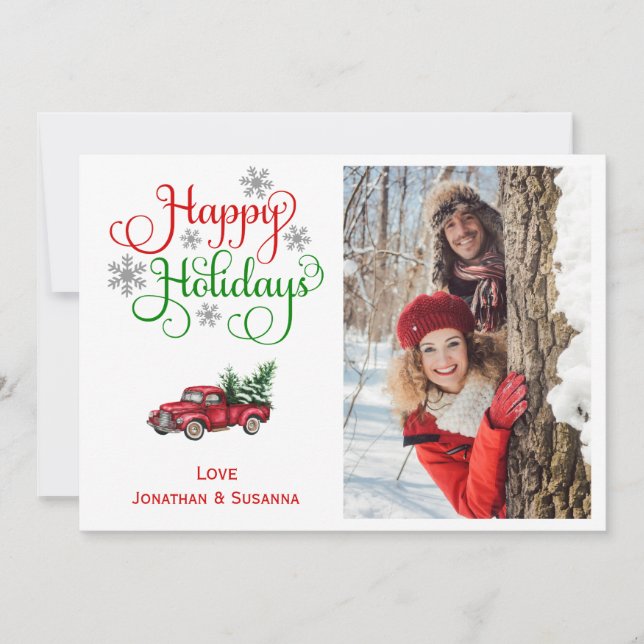 Cute Christmas Red Truck Photo Holiday Card (Front)