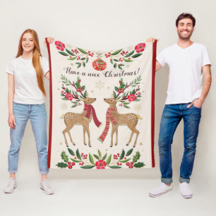 Cute Christmas Reindeer and flowers Pat Fleece Blanket