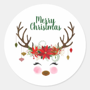 Cute Christmas Reindeer and Poinsettia Classic Round Sticker